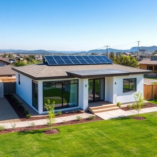 A modern single-story house constructed from SIP panels, featuring clean lines, large glass windows, a flat roof with solar panels, and a well-maintained garden with green lawn and small trees, set in a suburban environment with a clear blue sky and distant hills