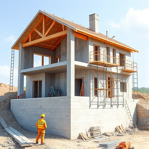 A realistic illustration of key stages in building a concrete house: foundation pouring, formwork setup, rebar placement, concrete mixing, and finishing, with a construction crew in safety gear, showing a partially completed concrete structure with scaffolding and equipment, in a bright daylight setting.