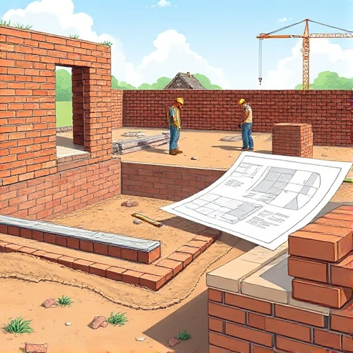 A detailed illustration of the initial stages of building a brick house, showing a construction site with a foundation being laid, a blueprint spread on a table, a worker in safety gear measuring the ground, and a stack of bricks ready for use. The scene is set in daylight with a clear sky, and the background includes a partially built wall and a small crane. The composition emphasizes the planning and preparation steps, with a focus on the tools and materials used in brick construction.