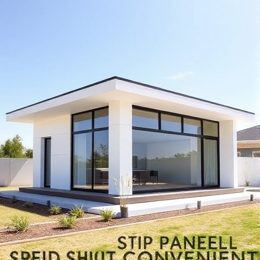A sleek, modern single-story house constructed from SIP panels, with a flat roof, large glass windows, and a minimalist exterior. The house is shown in a bright, sunny setting with a small garden and a clear sky, emphasizing the speed and convenience of SIP panel construction. The image should focus on the clean lines and structural panels, with no people or text.