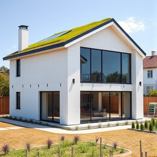 A modern, sleek house constructed from SIP panels, showcasing innovative building technology. The house should have a clean, minimalist design with large glass windows, a green roof, and subtle solar panels integrated into the roof. The setting is a sunny, suburban landscape with a small garden and a clear sky. The image should emphasize the structural panels and the eco-friendly features, with a focus on the smooth, uniform panel surfaces and the advanced construction techniques.
