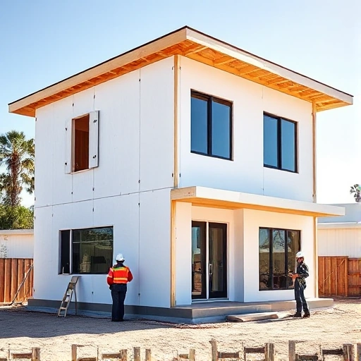 A modern, energy-efficient house constructed from SIP panels, showcasing sleek, clean lines and a quick construction process. The image should depict a partially built structure with visible SIP panel sections, a construction crew in safety gear assembling panels, and a finished façade with a bright, sunny backdrop. Emphasize the speed of construction and the high-quality finish.