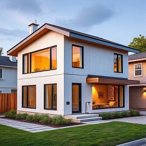 A modern residential house constructed from SIP panels, showcasing clean architectural lines, energy-efficient design, and sustainable building technology, with visible panel joints and insulation layers subtly indicated, set in a serene suburban environment with green landscaping and soft natural lighting