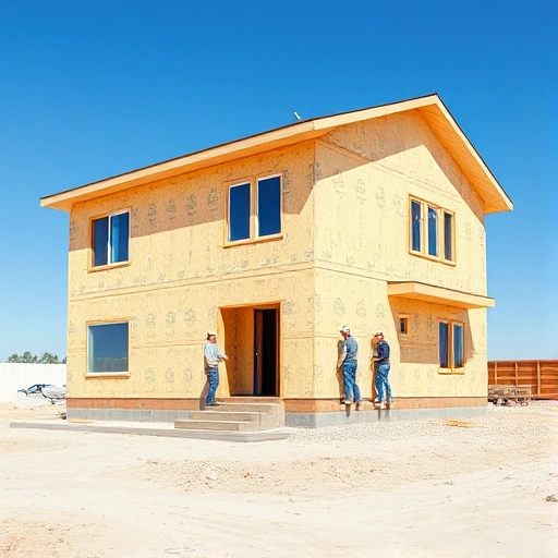 A modern residential house constructed from SIP panels, showing quick assembly with workers installing panels on a foundation, clear blue sky, bright daylight, clean construction site, minimalistic design, focus on speed and efficiency of building process
