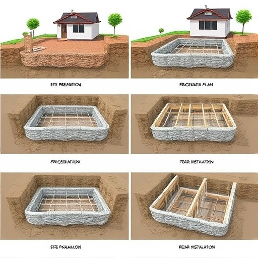 A series of images showing the different stages of building a foundation for a house. The first image should depict the site preparation, with the ground cleared and leveled. The second image should show the excavation process, with a trench dug according to the foundation plan. The third image should illustrate the formwork construction, with wooden or metal forms set up to shape the concrete. The fourth image should display the rebar installation, with steel reinforcement bars placed within th