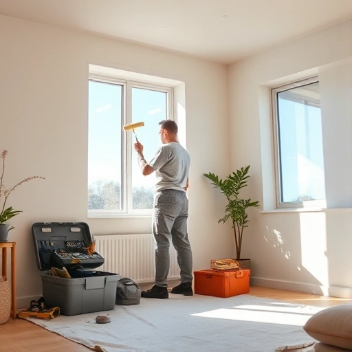A cozy, well-lit living room during a home renovation: a worker in casual work clothes carefully applying paint to a wall with a roller, a toolbox with organized tools nearby, a drop cloth protecting the floor, sunlight streaming through a window showing a clear blue sky, no visible mess or chaos, calm and orderly atmosphere, modern minimalist interior with neutral tones, high detail, realistic lighting