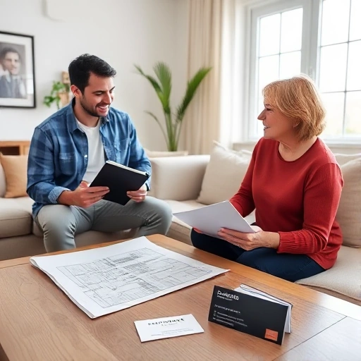 A homeowner in a bright, organized living room, looking at a contractor’s portfolio, a blueprint, a sample of renovation work, and a business card, all arranged on a coffee table, with a calm, professional atmosphere