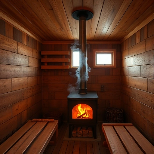 A traditional Russian sauna interior with a wooden stove, a ventilation system featuring a chimney and a small window, steam rising, wooden benches, and a subtle, warm glow