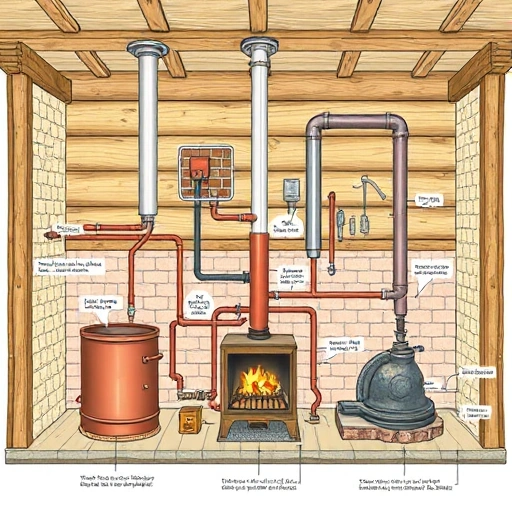 A detailed technical illustration showing the components and layout of a traditional wood-fired heating system for a Russian bathhouse, including pipes, boiler, stove, insulation layers, and ventilation, rendered in clear schematic style with labeled parts
