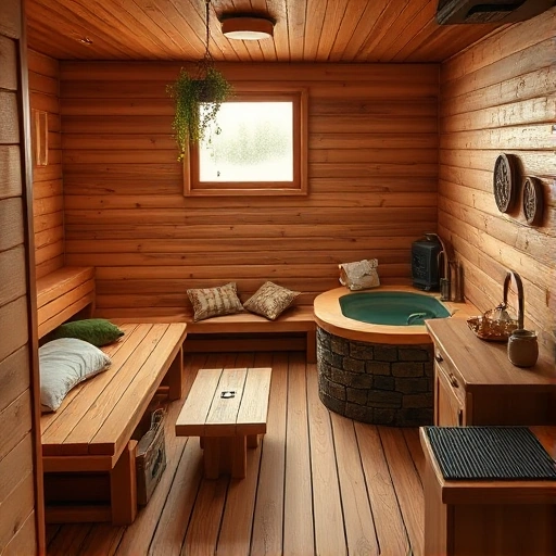 A cozy, traditional Russian sauna interior divided into distinct zones: a steaming steam room with wooden benches and a small wooden stove, a cool relaxation area with a low wooden table and a few cushions, a cold plunge pool with clear water and a stone wall, and a small kitchen nook with a wooden counter and a kettle. The setting is warm, wooden textures dominate, soft natural light filters through a frosted window, and subtle decorative elements like a hanging fern and a small wooden plaque w