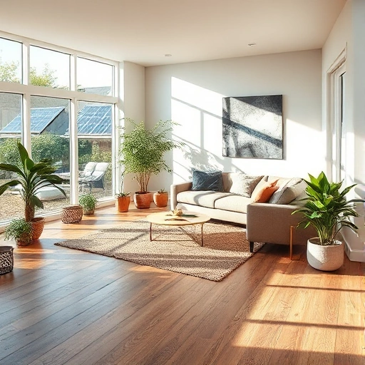 A modern living room undergoing eco-friendly renovation: natural light, reclaimed wood flooring, low-VOC paint, recycled glass tiles, indoor plants, solar panels visible through windows, sustainable materials displayed, no clutter, clean and airy atmosphere.