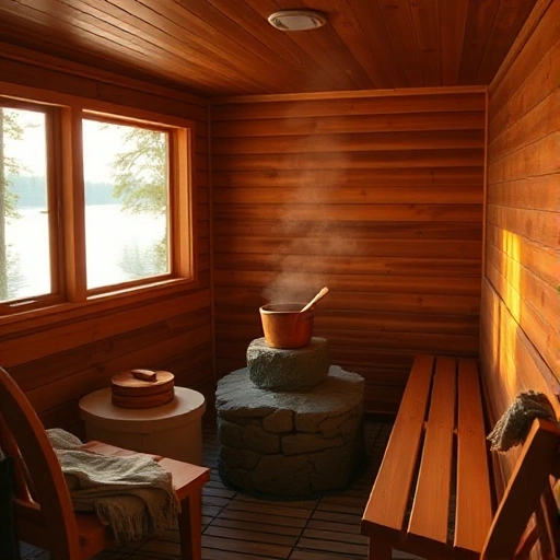 A cozy sauna interior with warm, natural lighting. Wooden benches arranged around a stone heater, a small wooden bucket and ladle on a side table, a towel draped over a chair, and a subtle steam mist. A window shows a view of pine trees and a calm lake. The atmosphere feels tranquil and inviting.