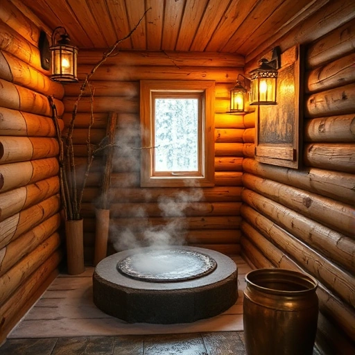 A cozy, uniquely designed Russian banya (sauna) with wooden interior, steam rising from hot stones, birch branches (venik) hanging on the wall, soft warm lighting from lanterns, a small window showing a snowy forest outside, and a copper bucket with water nearby — emphasizing tradition, warmth, and individuality in design
