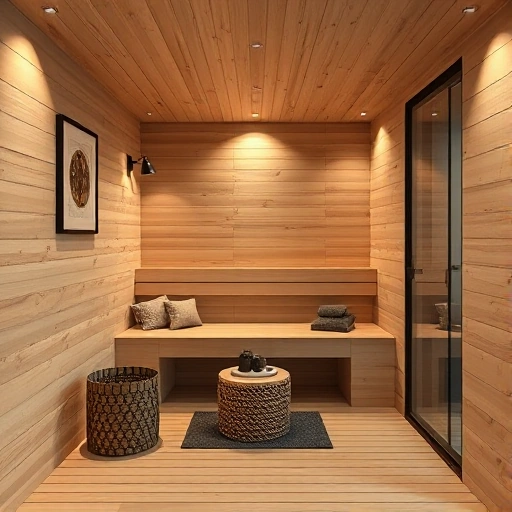 A stylish modern sauna interior with sleek wooden walls, contemporary design elements, and elegant decor, showcasing how to make a sauna stylish