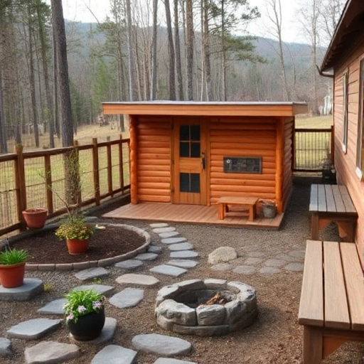A serene, rustic outdoor setting featuring a traditional wooden sauna surrounded by landscaped area with stone pathways, a small wooden deck, potted plants, a fire pit, and a wooden bench, all bathed in soft natural light with a backdrop of forest or hills