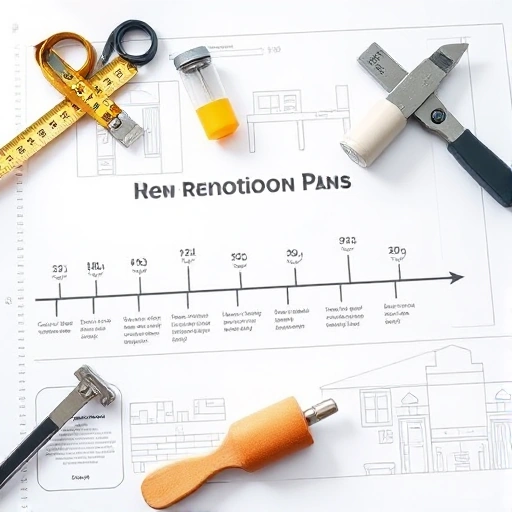 A modern home renovation plan displayed on a blueprint with tools like a measuring tape, paint roller, and screwdriver arranged neatly, showing a timeline with fast-forward arrows indicating quick completion, soft natural lighting, minimalistic design, clean lines, and a sense of urgency and efficiency
