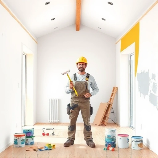 A realistic illustration of a newly constructed house interior undergoing renovation, featuring a worker in protective gear holding a measuring tape and paint roller, surrounded by organized tools, paint cans, a partially finished wall, and a clean workspace, all depicted without any text or lettering