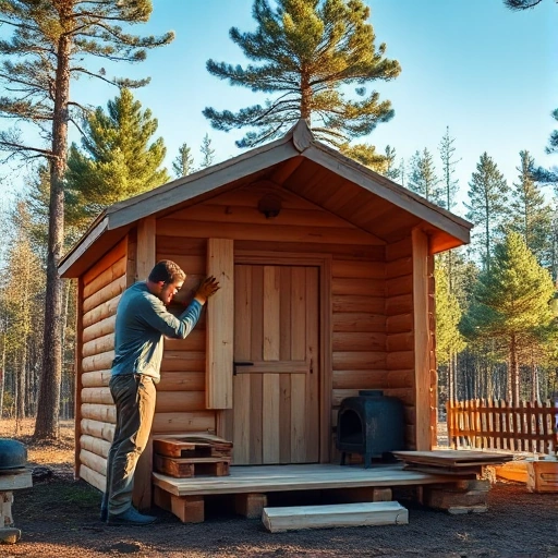 A cozy, rustic scene of a person constructing a traditional wooden sauna in a forest setting. The image shows a partially built sauna with wooden planks, a wooden stove, a wooden door, and a small chimney. The builder, wearing a simple work shirt and gloves, is placing a plank. The background features tall pine trees, a clear blue sky, and a small wooden fence. The atmosphere is warm and inviting, with subtle sunlight filtering through the trees.