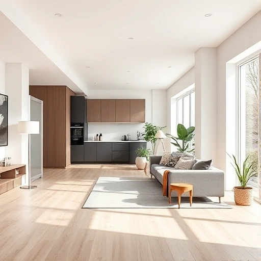 A modern apartment interior with popular renovation trends: open-plan living space with light wood flooring, white walls, minimalist furniture, a built-in kitchen with matte black appliances, a cozy reading nook with a floor lamp and indoor plants, and a bathroom with large-format tiles and a walk-in shower — all bathed in natural daylight from large windows