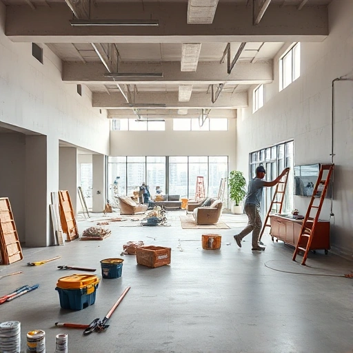 A modern, clean construction site transitioning into a finished, well-lit interior with workers installing flooring, painting walls, and arranging furniture — showing efficient, high-quality renovation in progress after building completion, with tools neatly organized, natural light through large windows, and a sense of speed and precision — no text, signs, or logos visible