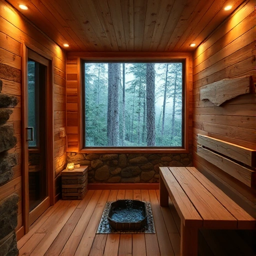 A cozy, exclusive sauna interior with natural wood, stone walls, a wooden bench, a small water feature, subtle warm lighting, a view of a forest outside, no people, no modern appliances, no clutter