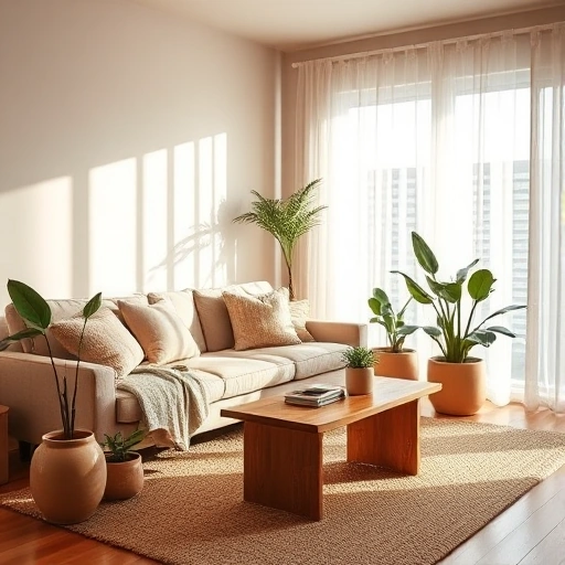 A cozy living room after renovation with warm lighting, soft neutral tones, a plush sofa with textured throw blankets, wooden coffee table, indoor plants in ceramic pots, a woven rug, and natural sunlight filtering through sheer curtains — creating a peaceful, inviting atmosphere