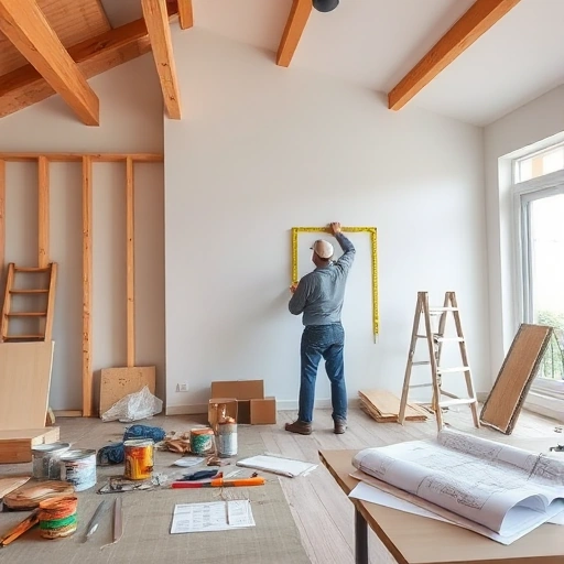 A modern house under renovation with visible construction materials like wooden beams, paint cans, and tools scattered around, a contractor measuring a wall with a tape measure, blueprints on a table nearby, soft natural lighting, realistic details, no people faces clearly visible