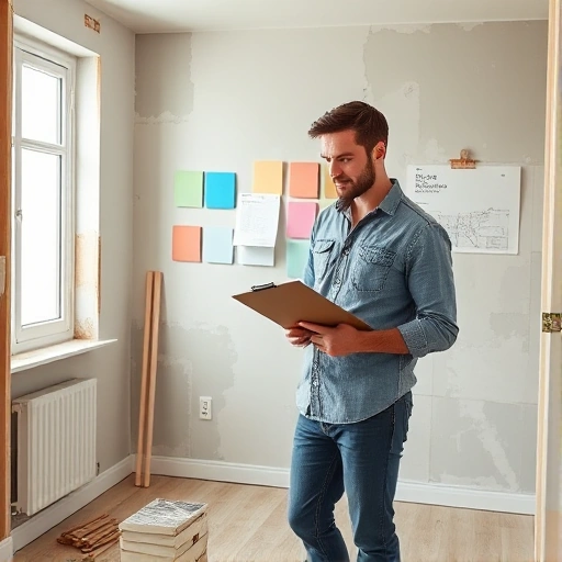 A realistic interior scene of a homeowner or contractor standing in a partially renovated apartment, holding a clipboard and a measuring tape, looking at a wall with paint swatches and a small stack of construction plans. The room should show a mix of unfinished drywall, exposed studs, and a few finished tiles, with a light source from a window. The focus is on the tools and the process of estimating costs, with no visible text, letters, or numbers in the image.