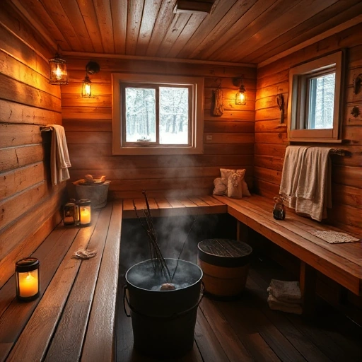 A cozy traditional Russian banya interior with wooden benches, steam rising from hot stones, soft warm lighting from lanterns, birch branches in a bucket, towels hanging, and a small window showing a snowy forest outside, creating a peaceful and inviting atmosphere