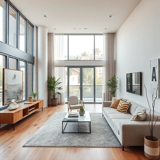 A modern apartment interior showcasing popular renovation trends, featuring open-concept living spaces, large windows with natural light, minimalist furniture, smart home technology, and eco-friendly materials like bamboo flooring and recycled glass countertops.