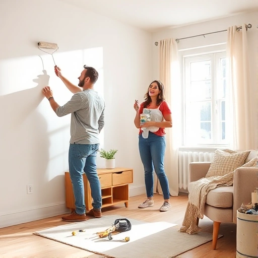 A cozy, modern living room with light-colored walls, minimalist furniture, and natural wood accents. A person in casual clothes is painting a wall with a roller, while another person holds a paint can and smiles. Tools like a tape measure, level, and drop cloth are neatly arranged on the floor. Sunlight streams through a window, highlighting the fresh paint and clean, budget-friendly renovation. No luxury items, no expensive decor, no clutter — focus on practicality, simplicity, and smart spendi