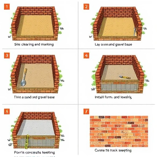 A detailed step-by-step illustration showing the stages of laying a brick house foundation: first, site clearing and marking; second, excavation of the trench; third, laying a sand and gravel base; fourth, installing formwork; fifth, pouring concrete and leveling; sixth, curing the concrete with plastic sheeting; seventh, laying the first course of bricks on the cured foundation. Each stage is shown in a separate panel with clear visual progression, tools like shovels, levels, and trowels visibl