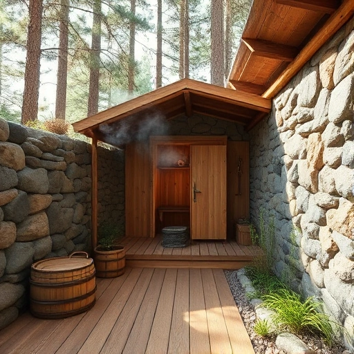 A serene, eco-friendly bathhouse nestled in a forest setting, featuring natural stone walls, a wooden roof, and a small wooden sauna with a stone stove. The scene includes a wooden plank floor, a bamboo water reservoir, and a small garden of native plants around the entrance. The atmosphere is calm, with misty steam rising from the sauna, and sunlight filtering through pine trees. No modern appliances or industrial elements are present.