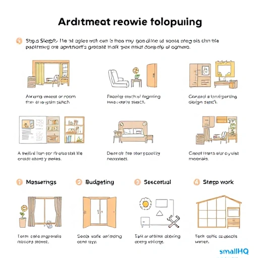 A clear, step-by-step illustrated guide showing the main stages of apartment renovation planning, including measuring rooms, creating a design sketch, budgeting, selecting materials, and scheduling work, depicted in a simple, organized layout with icons or small diagrams for each stage, in the smallHQ style