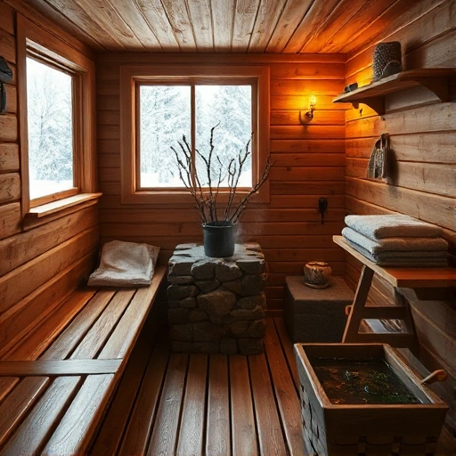 A cozy spa zone inside a traditional Russian banya, featuring wooden benches, steam rising from a stone stove, birch branches in a bucket, soft warm lighting, towels and natural skincare items on a shelf, a small wooden tub with water and herbs, and a view of a snowy forest through a frosted window — all rendered in a serene, inviting atmosphere with attention to texture and warmth