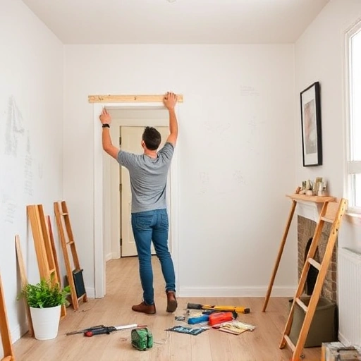 A cozy home interior with a person carefully measuring walls and planning renovation steps, showing practical tips for saving money on home repairs, with visible budget-friendly materials and tools, no text or numbers