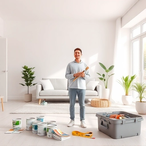A serene, organized home renovation scene: a bright, airy living room with a clean, minimalist design. A single, calm homeowner in a relaxed pose, holding a paintbrush, surrounded by neatly arranged paint cans, a small stack of color swatches, a measuring tape, and a tidy toolbox. The room features a freshly painted wall, a new floor covering, and a few decorative plants. The overall atmosphere is peaceful, with soft natural light and a sense of order and calmness.