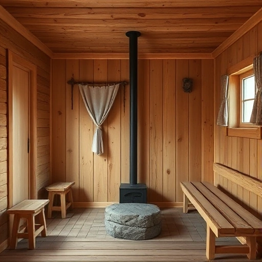 A rustic wooden sauna interior with simple, cost-effective design: natural wood panels, a small stone stove, minimalistic furnishings, a wooden floor, and a window with simple curtains. The scene should emphasize affordability and practicality, showing a modest, functional space rather than a lavish or extravagant design.