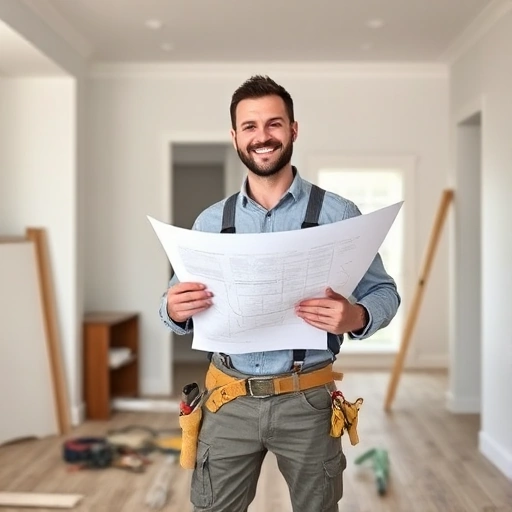 A professional contractor in work clothes holding blueprints, standing in a modern home interior with visible renovation progress like fresh paint and new flooring, with a friendly expression and tools nearby, smallHQ
