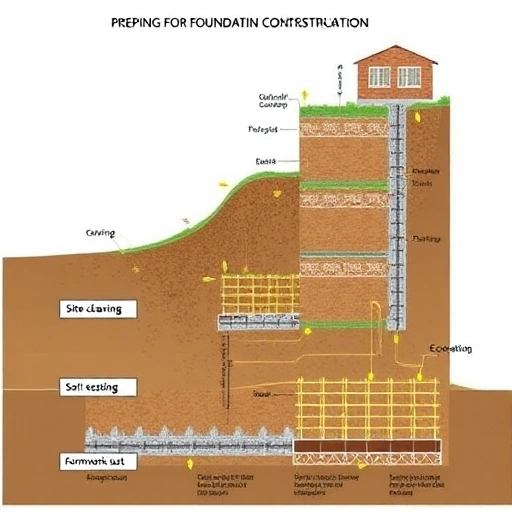 A detailed illustration showing the sequential stages of preparing for foundation construction, including site clearing, excavation, soil testing, formwork setup, and reinforcement placement, rendered in a clear technical diagram style with labeled steps