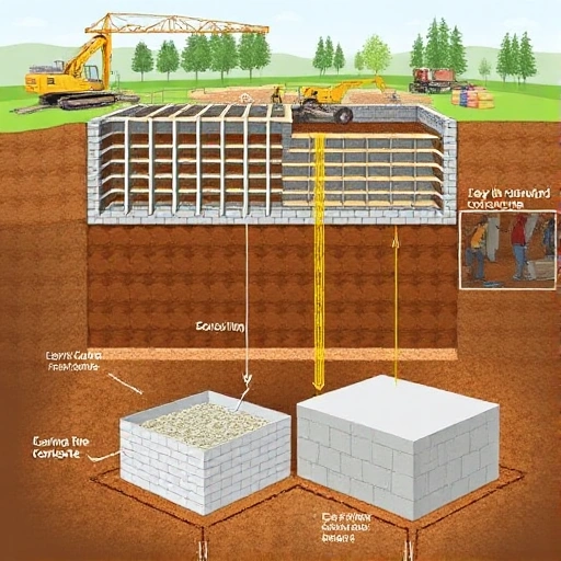 A detailed illustration of the stages of foundation construction, showing the excavation process, laying the foundation formwork, pouring concrete, and the final cured foundation. The image should depict a construction site with workers, machinery, and materials in a realistic and informative manner.
