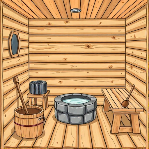 A functional wooden sauna with a stone stove, wooden benches, a bucket of water, and a ladle, showing practical layout and traditional elements in a small high-quality illustration