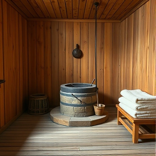 A clean, well-organized traditional Russian bathhouse interior with wooden walls, a stone stove (pechka), a bucket, a ladle, and neatly stacked towels, showing a spotless environment with no dirt or grime, in a realistic smallHQ style