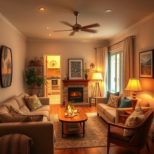 A cozy home interior after renovation, featuring warm lighting, comfortable furniture, soft textures, and inviting decor, smallHQ