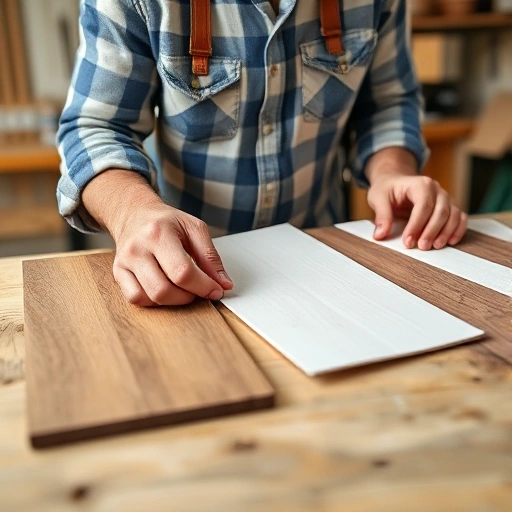 A close-up of a homeowner comparing high-quality paint samples, wood planks, and tile swatches on a workbench, with a bright, organized workshop background, showcasing textures and colors, no text or labels