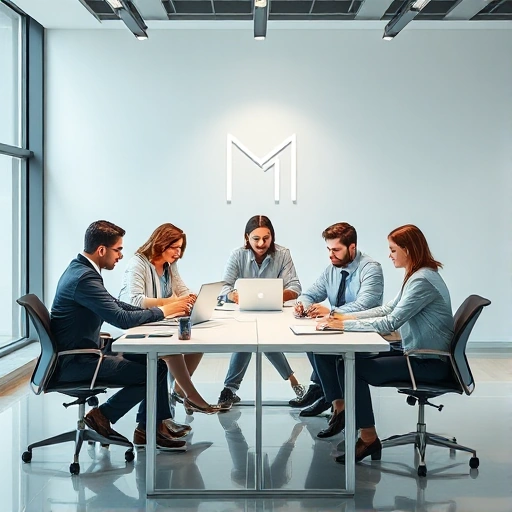 A modern office scene showing a team of professionals collaborating around a table with laptops and documents, symbolizing partnership and business growth, with a subtle background element representing the Krasnodar window company (krasnodar.okna-ecoplast.ru) through a clean, professional logo or architectural detail
