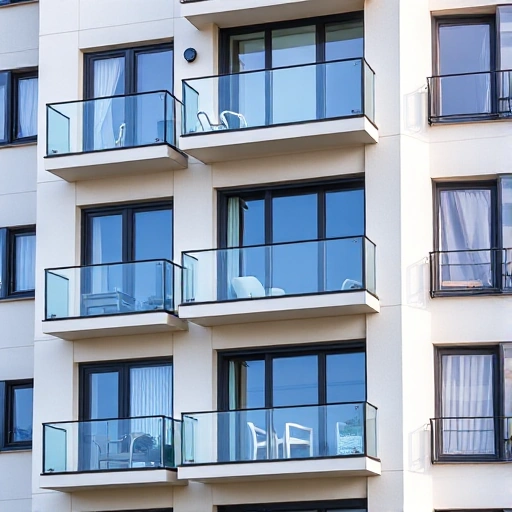 A modern apartment building in Novo-Novosibirsk with a focus on the balconies and loggias. The balconies should be shown with different types of glazing, such as panoramic, sliding, and French windows. The image should capture the architectural details and the variety of glazing options available.
