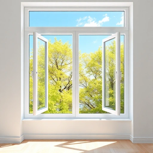 A bright, modern window installation showcasing the advantages of plastic windows, featuring clear views of a sunny outdoor landscape with green trees and blue sky, smooth white frames, energy-efficient design elements like insulation layers and soundproofing details, and a cozy interior with natural light flooding the room, all rendered in smallHQ style