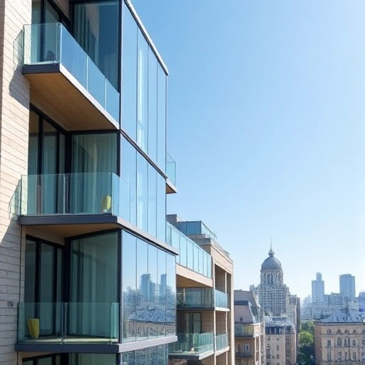 A modern apartment building in a cityscape with a focus on a balcony and a loggia, showcasing contemporary glass designs and materials. The image should depict a clear, sunny day with a blue sky, highlighting the architectural details and the transparency of the glass.