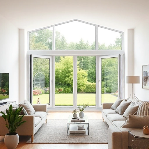 A modern living room with large plastic windows from Okna-Ecoplast, showcasing their sleek design, energy efficiency, and durability. The windows should be open to display the view of a beautiful garden outside, highlighting the benefits of natural light and ventilation. The interior should be well-lit and cozy, with comfortable furniture and minimalistic decor.